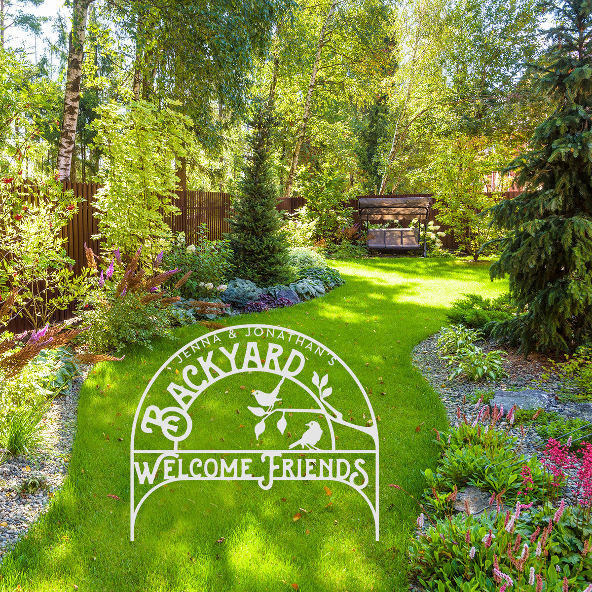 Backyard Welcome Friends metal sign staked into a manicured lawn White