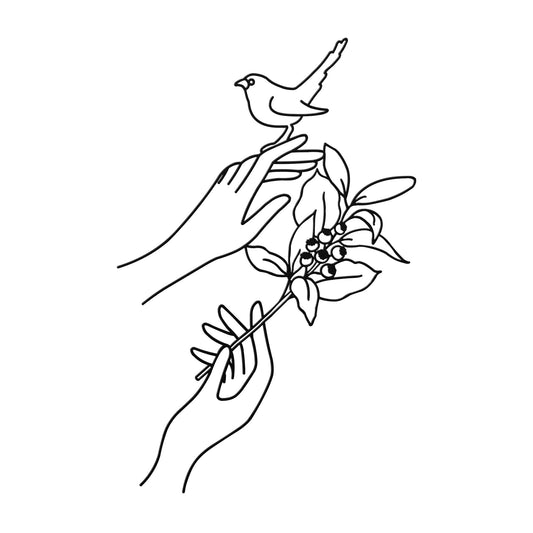 Black Metal line art of 2 hands, one holding a branch with leaves and berries and one with a bird sitting on it as if just landed